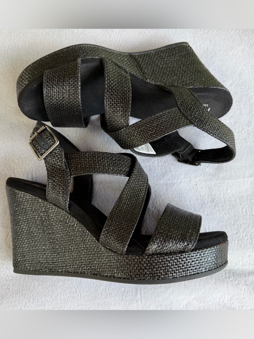 TOMS Alondra Wedge Sandal Black Raffia | Size 6.5